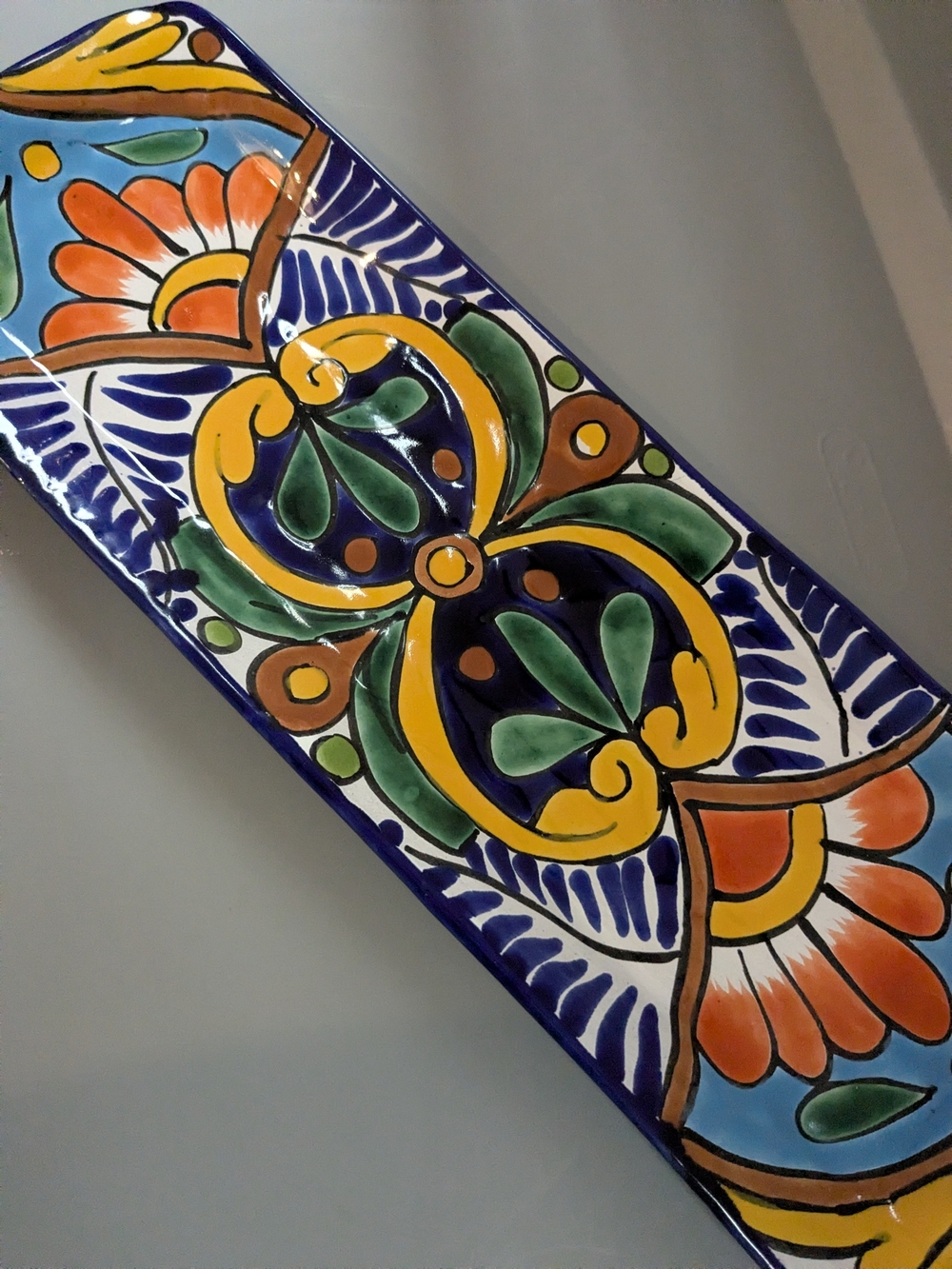 Talavera Hand-Painted Ceramic Serving Platter in Blue, Yellow, Green & Orange
